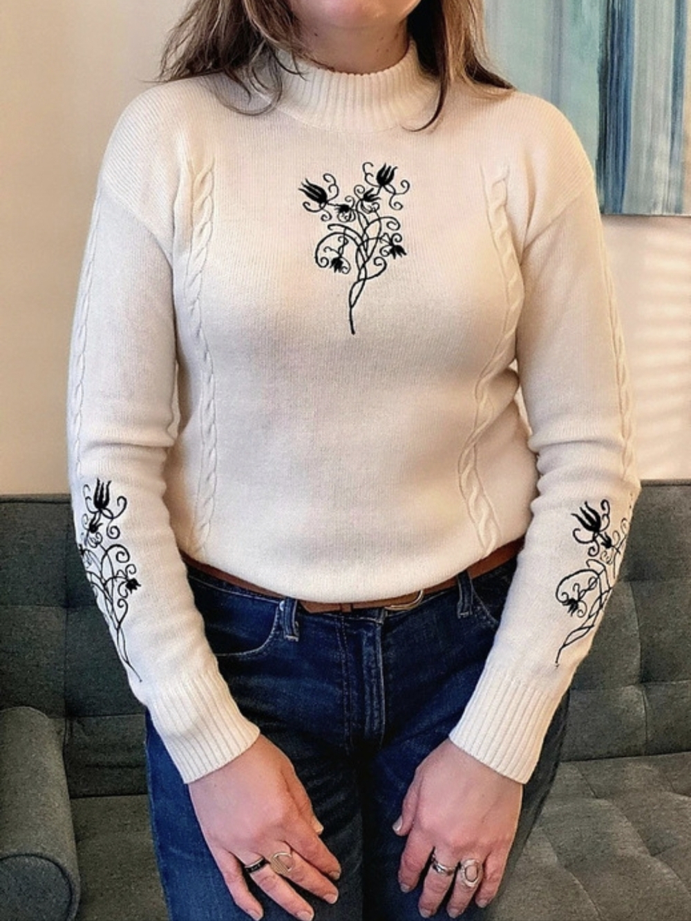 Della Spiga Vintage Floral Embroidered Turtleneck Cream Wool Sweater